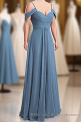 Dusty Blue Chiffon Cold Shoulder A-Line Long Bridesmaid Dress